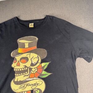 Ed Hardy Mens Skull Top Hat Graphic T-Shirt Black Christian Audigier Large L